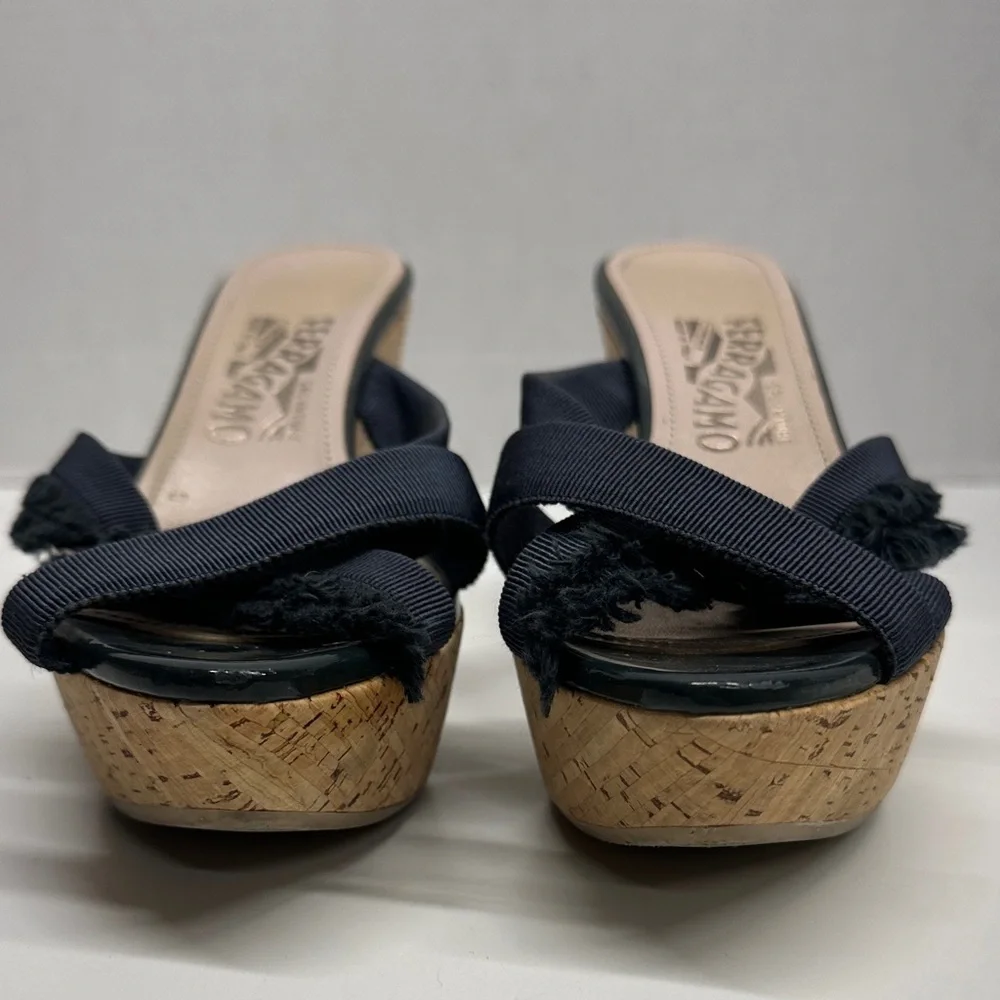 Salvatore Ferragamo Wedges High Heeled Sandals Shoes Frayed Ribbon Blue 6.5